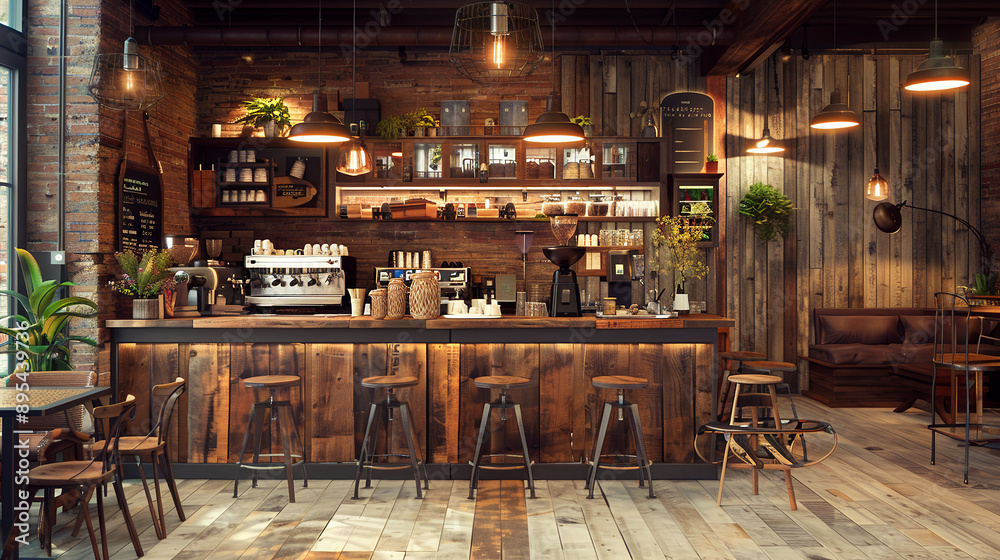 cozy café interior, oak flooring, brick and wood walls, cozy café interior, oak flooring, brick and wood walls,