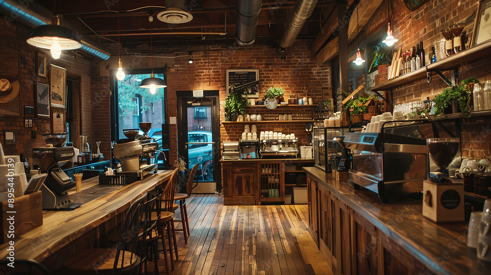 cozy café interior, oak flooring, brick and wood walls, cozy café interior, oak flooring, brick and wood walls,