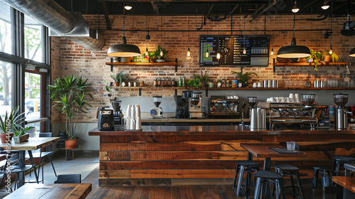 cozy café interior, oak flooring, brick and wood walls, 