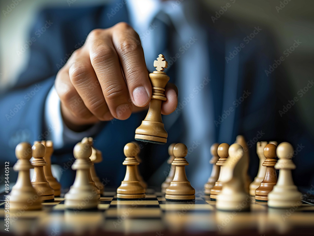Concept photo of a businessman playing chess, a symbol of decision-making in business, leadership and business strategy