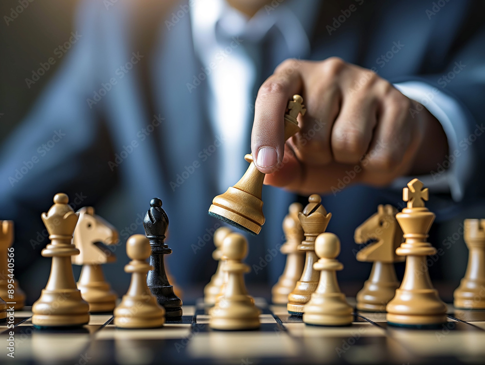 Concept photo of a businessman playing chess, a symbol of decision-making in business, leadership and business strategy Concept photo of a businessman playing chess, a symbol of decision-making in business, leadership and business strategy