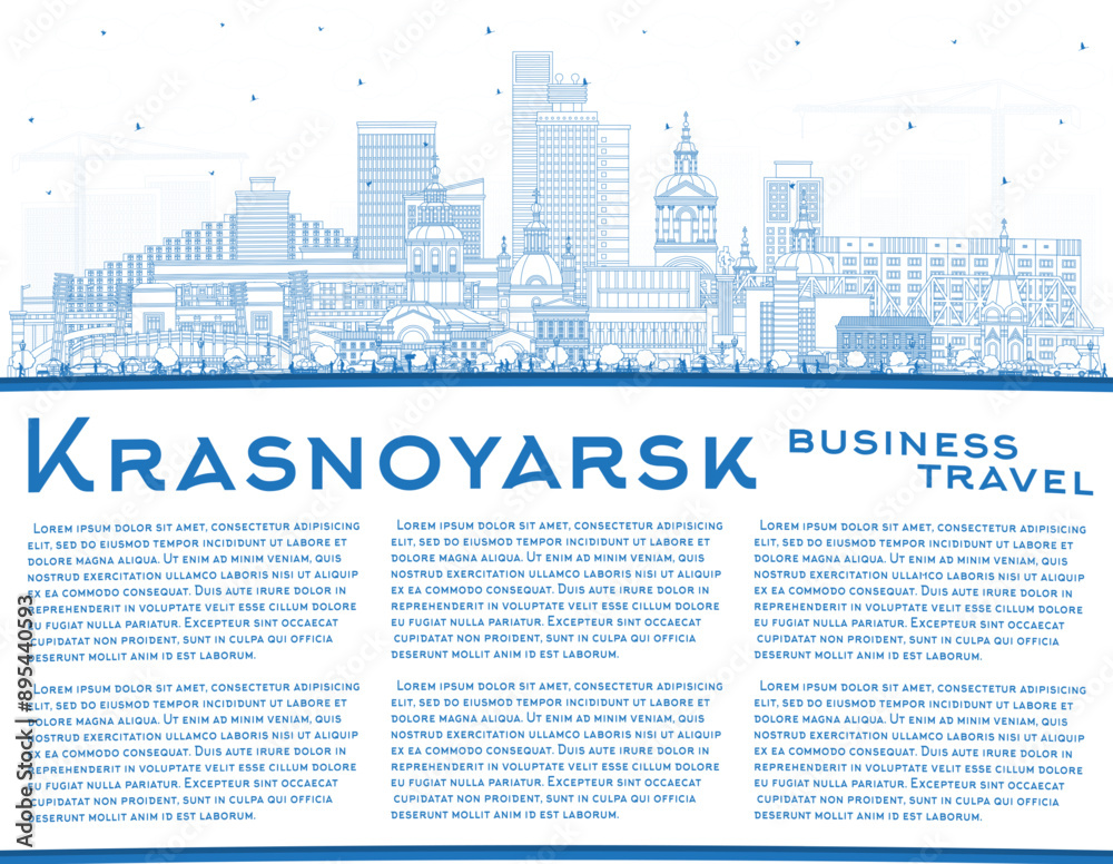 Outline Krasnoyarsk Russia city skyline with blue buildings and copy space. Krasnoyarsk cityscape with landmarks. Tourism concept with modern and historic architecture.