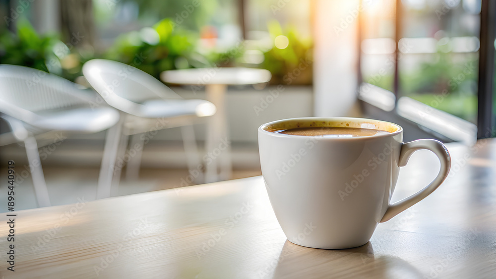 White mug with coffee on a light table White mug with coffee on a light table