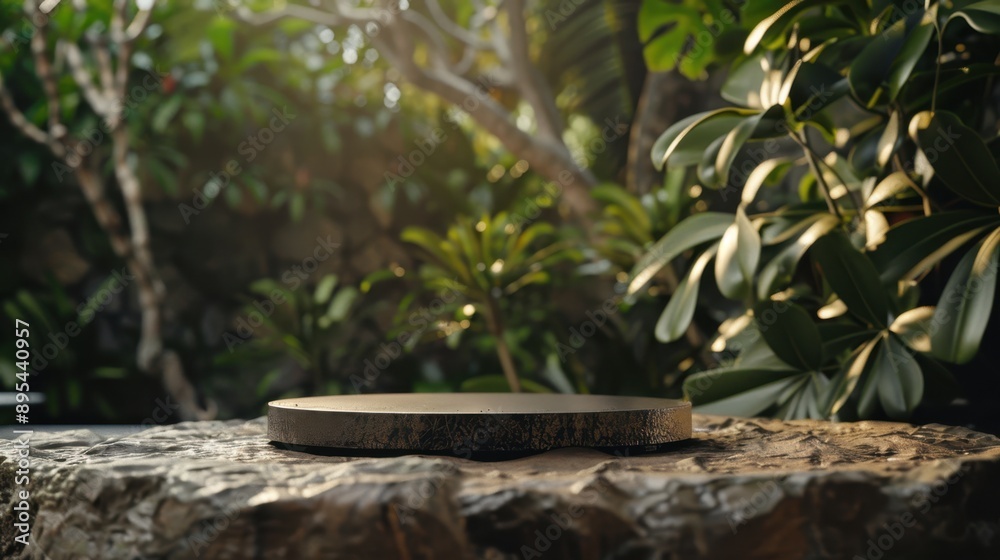 Round rock podium in a stone forest setting, offering an empty scene for cosmetic product mockup Round rock podium in a stone forest setting, offering an empty scene for cosmetic product mockup