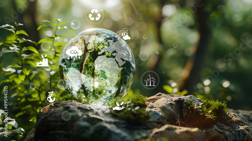 Circular economy concept crystal globe with a circular economy icon around it circular economy for future growth of business and design to reuse and renewable material resources reusing, recycling.