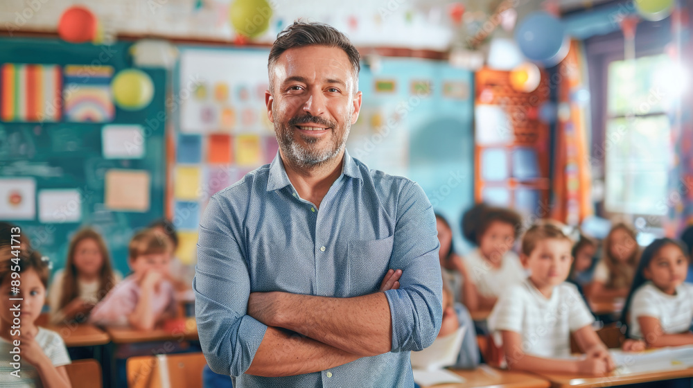 Smiling male teacher standing confidently with a diverse group of school children in a vibrant classroom setting. Smiling male teacher standing confidently with a diverse group of school children in a vibrant classroom setting.