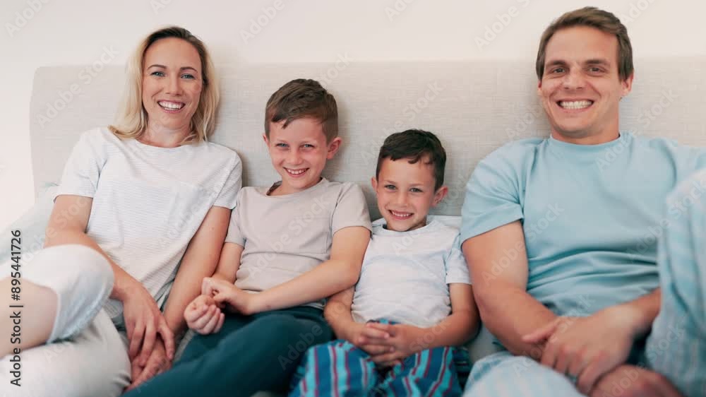 Face, home and family with happiness, bedroom and relax with weekend break, bonding together and peace. Portrait, happy parents and mother with father, children and boys on a bed, cheerful and calm