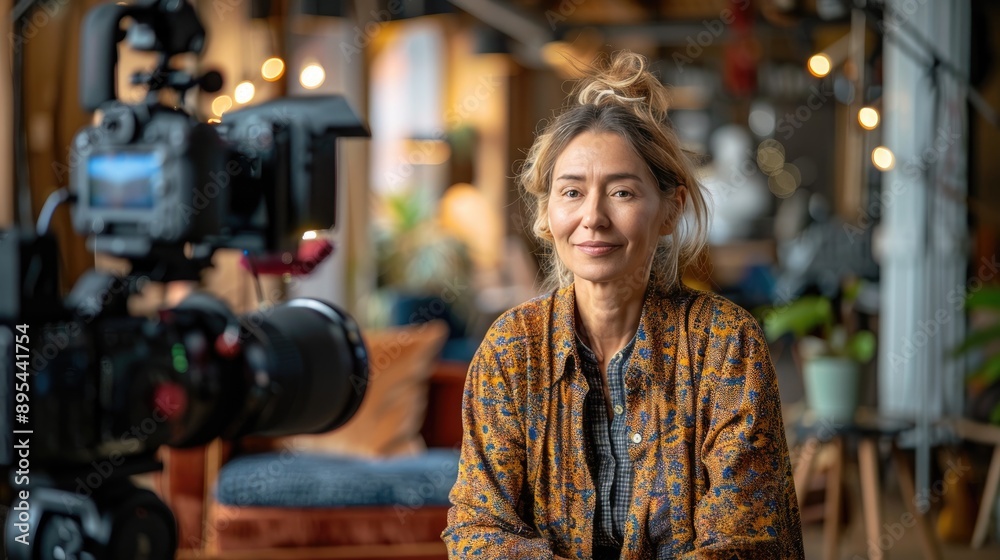Smiling woman sitting in front of a camera in a cozy studio setting, surrounded by soft lighting and modern decor. Smiling woman sitting in front of a camera in a cozy studio setting, surrounded by soft lighting and modern decor.