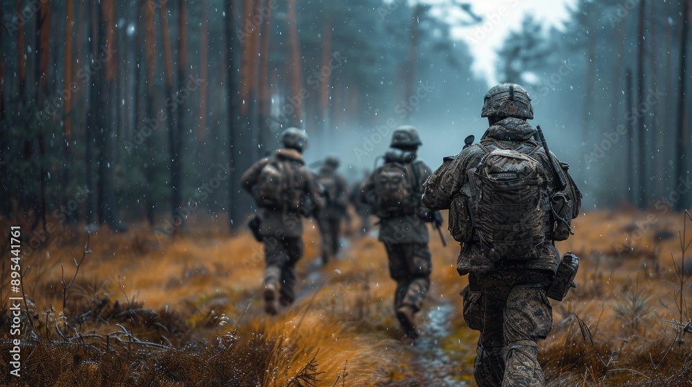 Soldiers in camouflage uniforms patrol through a misty forest during a military exercise, showcasing unity and teamwork in challenging terrain. Soldiers in camouflage uniforms patrol through a misty forest during a military exercise, showcasing unity and teamwork in challenging terrain.