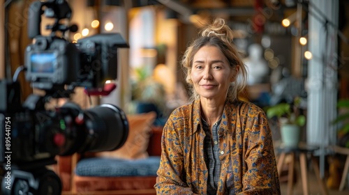 Smiling woman sitting in front of a camera in a cozy studio setting, surrounded by soft lighting and modern decor.