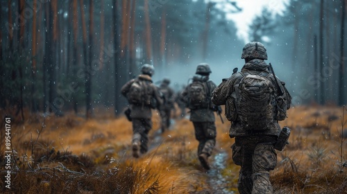 Soldiers in camouflage uniforms patrol through a misty forest during a military exercise, showcasing unity and teamwork in challenging terrain.