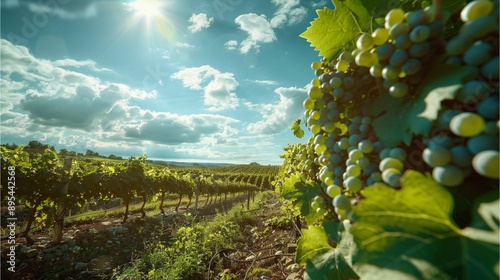 Panoramic landscape with large leaves of grapes on a sunny summer day.