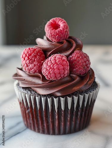 Decadent Chocolate Raspberry Cupcake Dessert with Chocolate Fudge Icing and Fresh Raspberries Isolated on Marble Countertop 