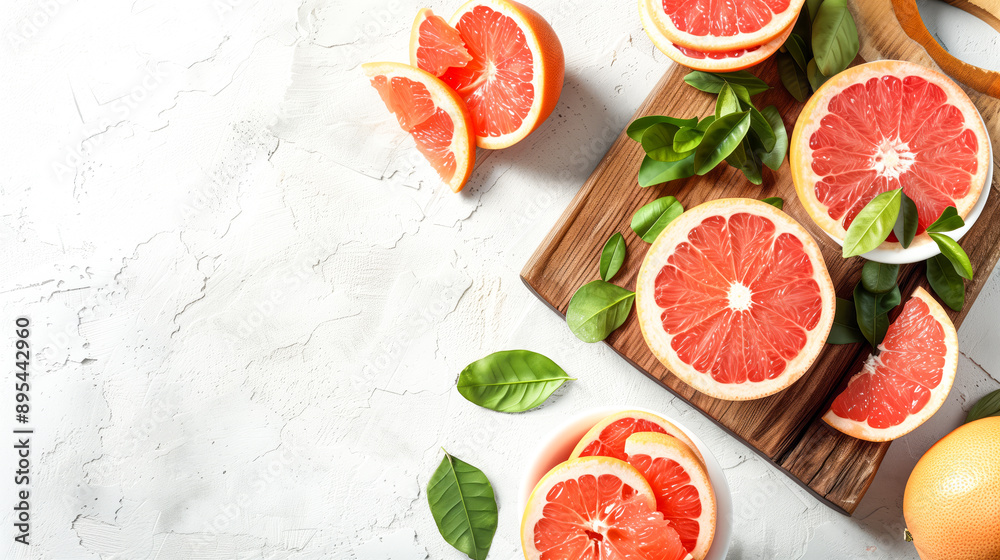 Grapefruit slices filled in bowl placed on chopping board, fresh grapefruits outside, top angle