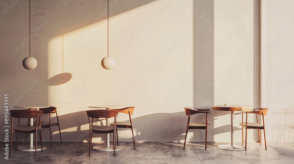 Sunlight streams through large windows, illuminating a cafe with empty tables and chairs Sunlight streams through large windows, illuminating a cafe with empty tables and chairs