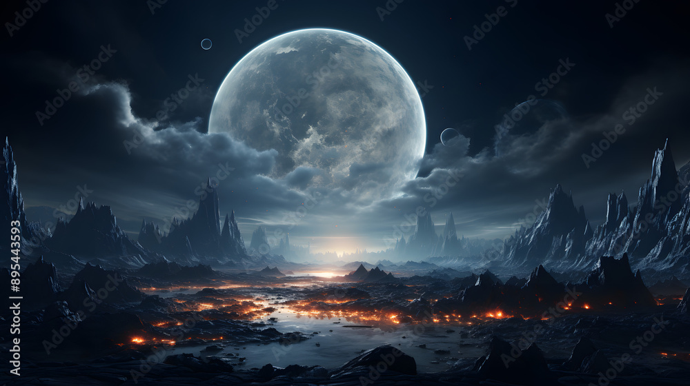 A breathtaking alien landscape, where rocky mountains rise up to meet a large moon in the sky, casting long shadows over the volcanic surface.