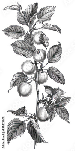 branch of persimmon ,  White background, drawing of persimmon 