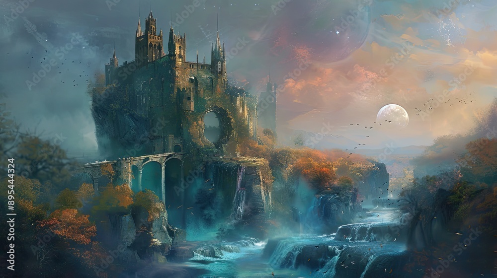 Fantasy landscape, a medieval castle on a rock. Fantasy landscape, a medieval castle on a rock.
