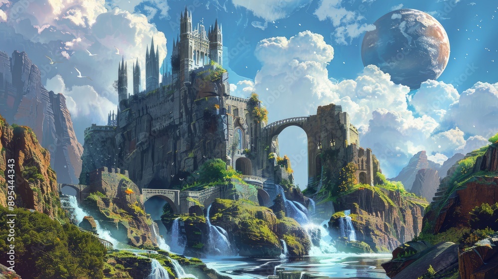 Fantasy landscape, a medieval castle on a rock. Fantasy landscape, a medieval castle on a rock.