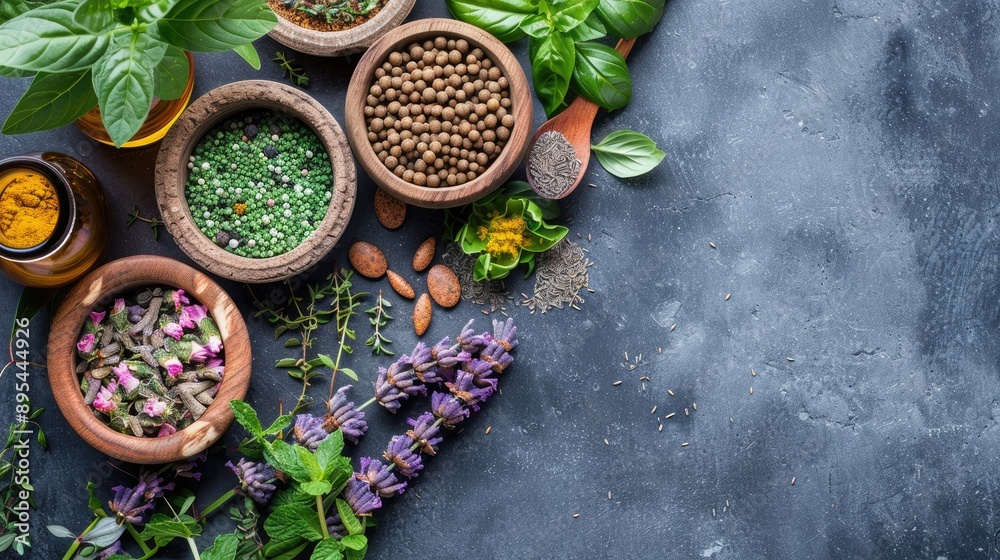 Top view of assorted herbs and spices in rustic bowls on a dark background, perfect for culinary and cooking themes. Top view of assorted herbs and spices in rustic bowls on a dark background, perfect for culinary and cooking themes.