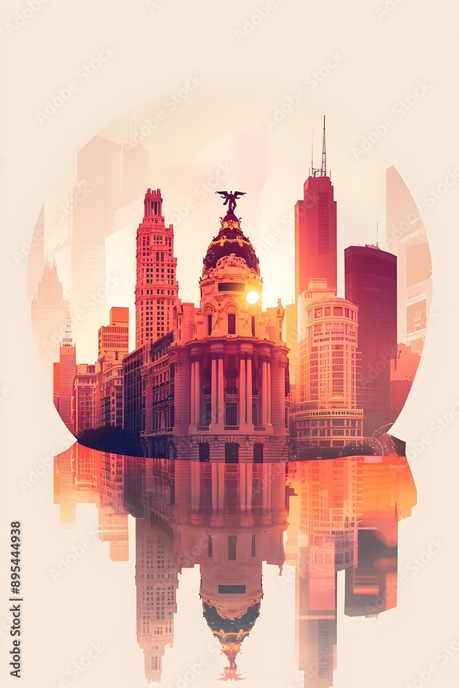 Fototapeta premium Elegant urban landscape, classical and modern skyscrapers blend seamlessly with a golden sunset reflection, creating a surreal and dreamlike atmosphere.