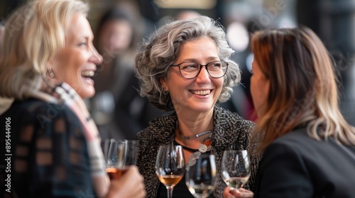 Three women enjoying a social gathering and engaging conversation while sharing wine, highlighting friendship and connection.