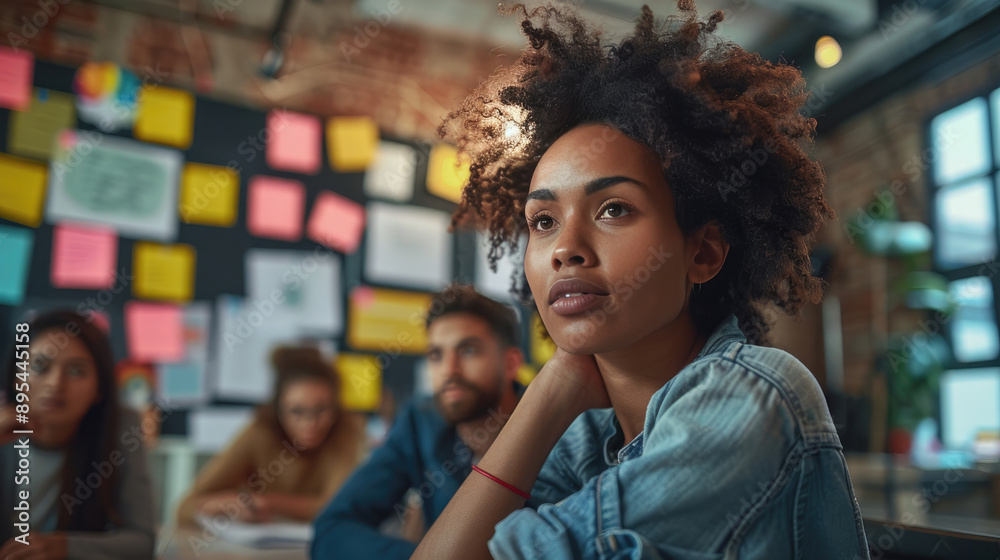 Young woman in a thoughtful pose during a creative meeting at a modern office with colleagues in the background. Young woman in a thoughtful pose during a creative meeting at a modern office with colleagues in the background.