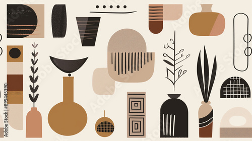  Abstract Geometric Art with Earth Tones and Botanical Elements