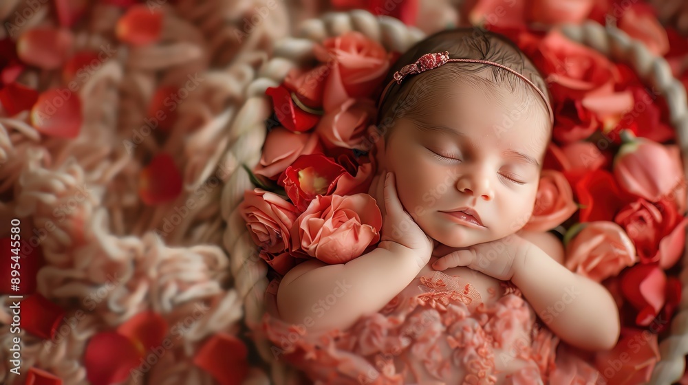 Newborn in a heart-shaped basket, surrounded by rose petals with a romantic backdrop.