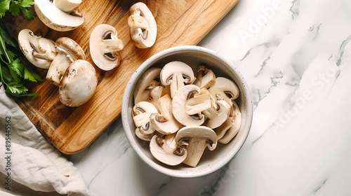 Mushroom slices filled in bowl placed on chopping board, fresh mushrooms outside, top angle photo