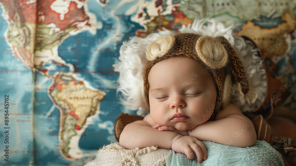 Fototapeta premium Newborn in a vintage airplane prop, sleeping with a world map background.