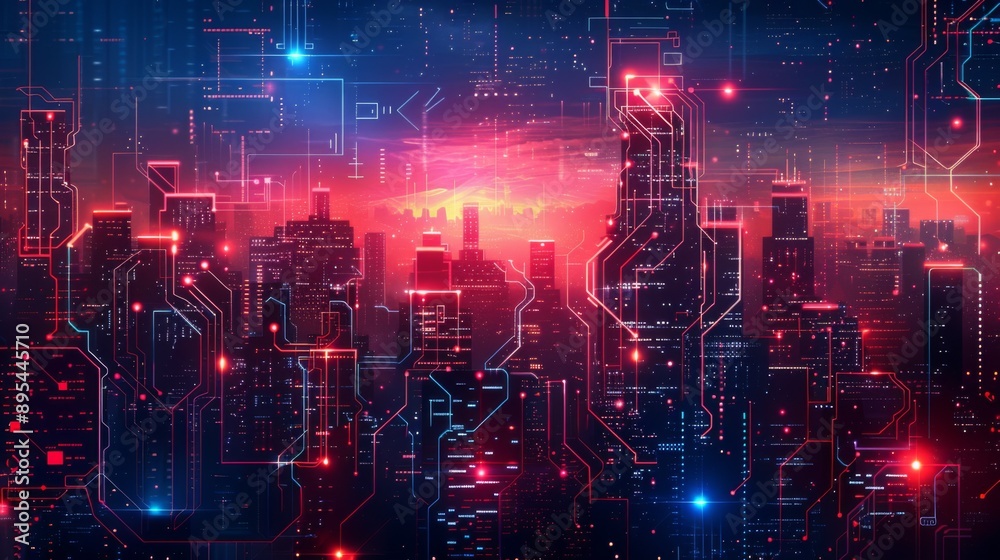 Fototapeta premium Futuristic Smart Cyber City illustration: Innovative Urban Landscape, futuristic technology and cyber punk concept, Graphic Resources, Wallpapers, Brochure, Websites, banner, Advertising, background