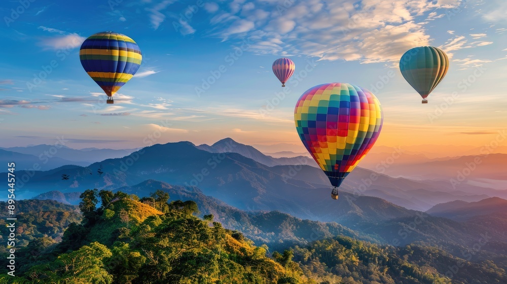 Naklejka premium Colorful hot air balloons soaring over the majestic mountains of Doi Inthanon, Chiang Mai, Thailand. A breathtaking aerial view.