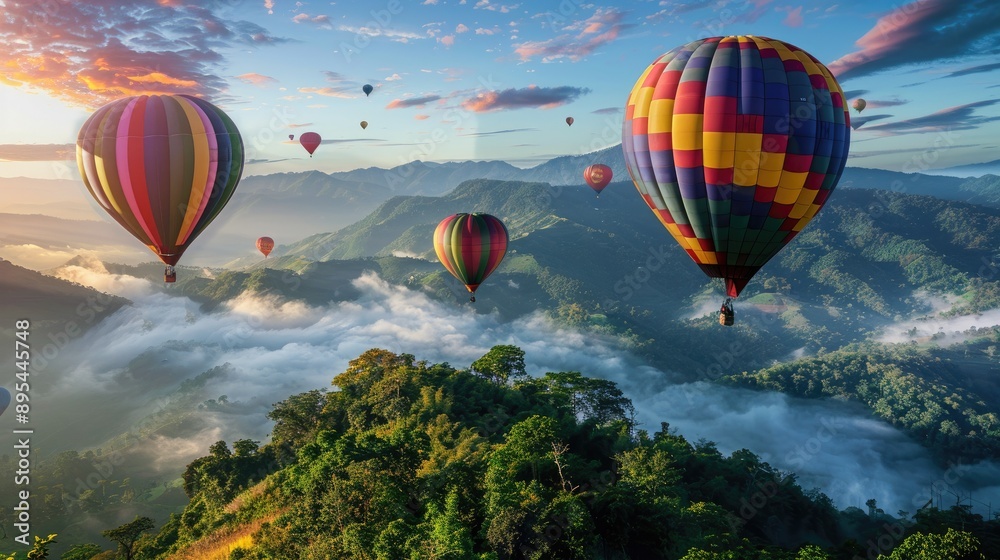 Fototapeta premium Colorful hot air balloons soaring high above the majestic mountains of Doi Inthanon, Chiang Mai, Thailand. A picturesque scene.