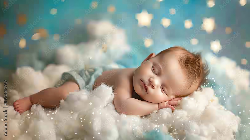 Newborn sleeping on a fluffy cloud prop, surrounded by stars and a soft sky background. Newborn sleeping on a fluffy cloud prop, surrounded by stars and a soft sky background.