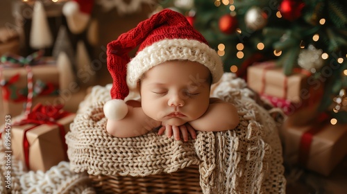 Newborn sleeping in a gift basket wearing a tiny Santa hat, with a Christmas-themed background including gift piles and a decorated Christmas tree.