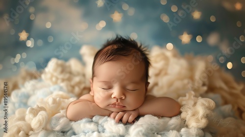 Newborn sleeping on a fluffy cloud prop, surrounded by stars and a soft sky background.