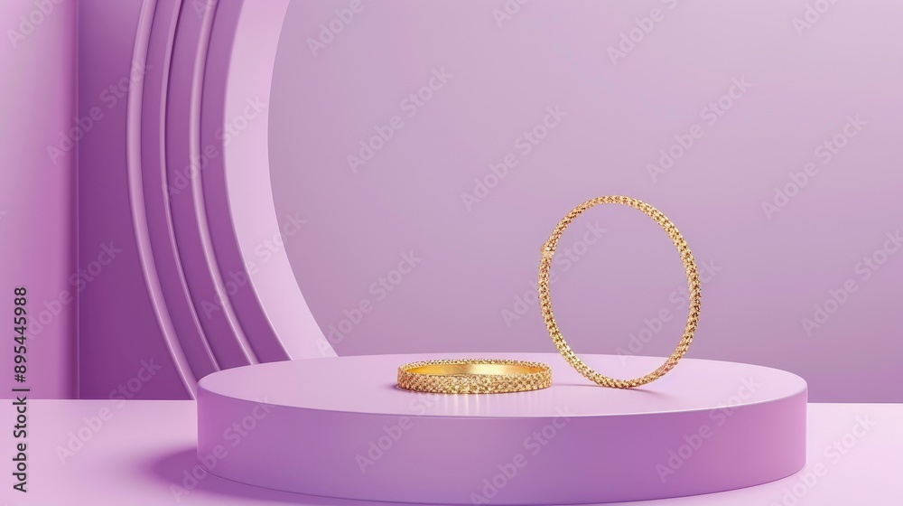 Elegant golden jewelry displayed on a pink podium with a purple backdrop. Perfect for sophisticated and modern product shots. Elegant golden jewelry displayed on a pink podium with a purple backdrop. Perfect for sophisticated and modern product shots.