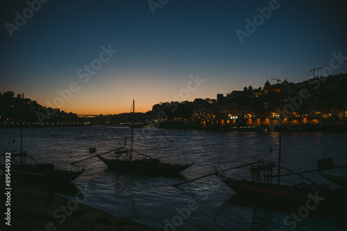 Porto, Portugal, Oporto on the Duoro River at night, sunset, light on the water front, bridge, Ponte Luiz, Eiffel bridge, tourism, travel, Europe tourist destination photo