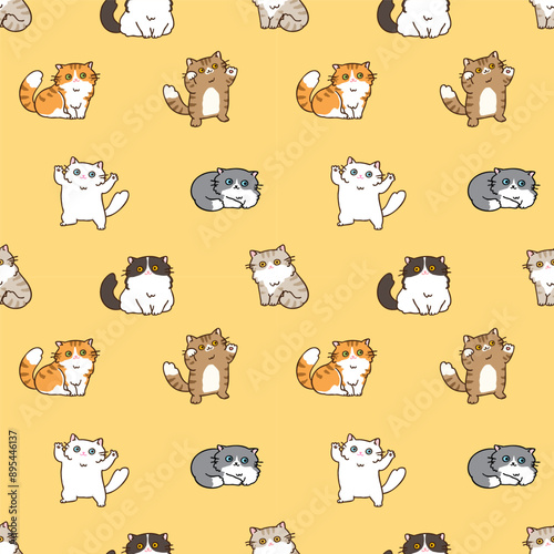 Seamless Pattern with Cute Cartoon Cat Design on Yellow Background