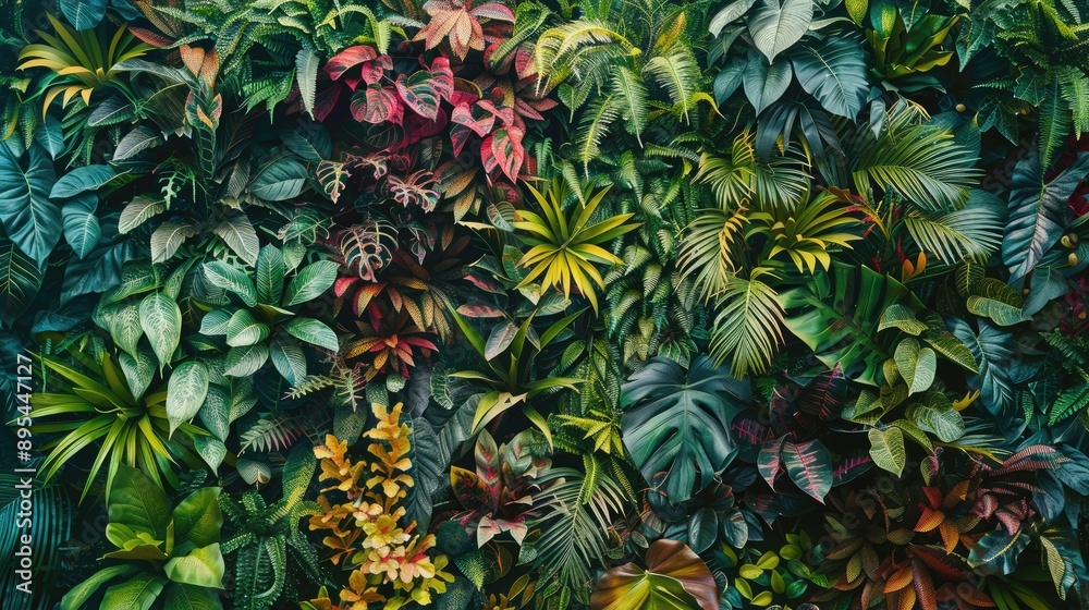 Fototapeta premium Diverse faux plants in vertical garden, Nature backdrop