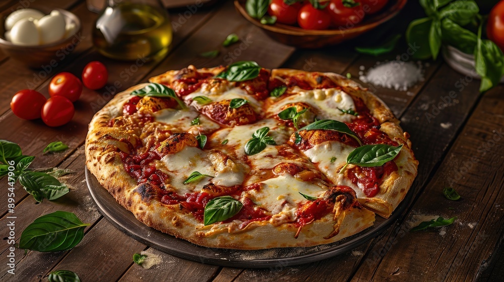 Delicious Margherita Pizza on Rustic Wooden Table with Fresh Ingredients - Vibrant Food Photography Delicious Margherita Pizza on Rustic Wooden Table with Fresh Ingredients - Vibrant Food Photography