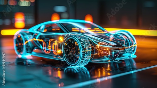Futuristic Semi-Transparent Car Model Lit with Vibrant Neon Lights - Vision of Advanced Automotive Technology