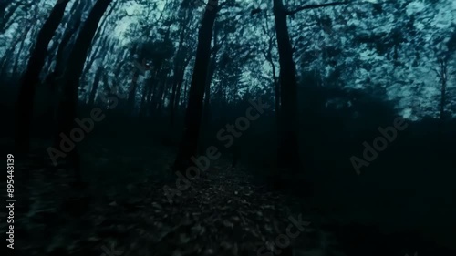 Grainy Spooky Drone Footage in Creepy Forest at Night