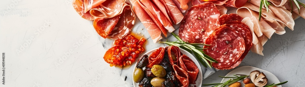 Elegant Display of Assorted Deli Meats and Spreads on Marble Slab with Classic Style and Warm Tones Elegant Display of Assorted Deli Meats and Spreads on Marble Slab with Classic Style and Warm Tones