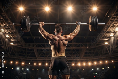 Weightlifting competitions. The athlete takes a lot of weight of the barbell. The sport of the Summer Olympic Games. photo