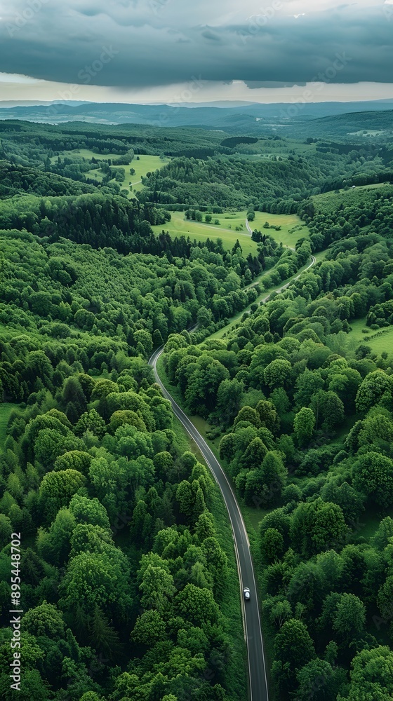 Aerial View of Lush Green Forest with Winding Road Cutting Through Scenic Landscape Aerial View of Lush Green Forest with Winding Road Cutting Through Scenic Landscape