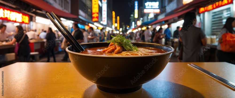 A vibrant night market scene featuring a delicious bowl of spicy noodles, perfect for food enthusiasts and cultural events A vibrant night market scene featuring a delicious bowl of spicy noodles, perfect for food enthusiasts and cultural events