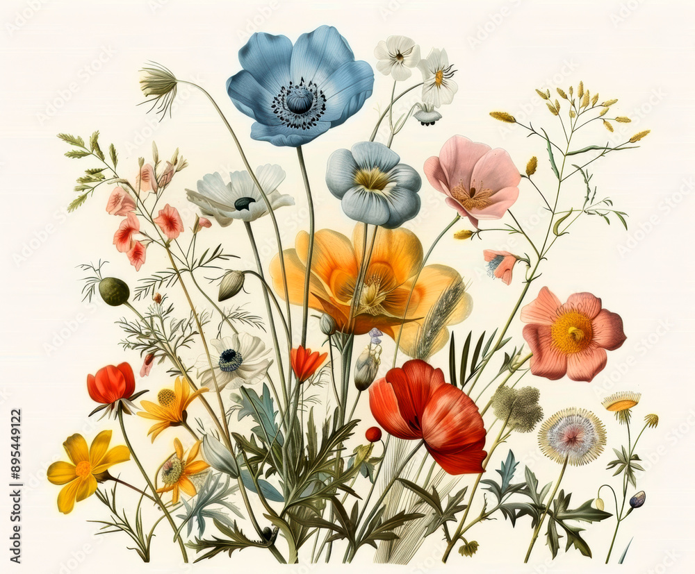 Fototapeta premium A vintage watercolor illustration of wildflowers. AI generative.