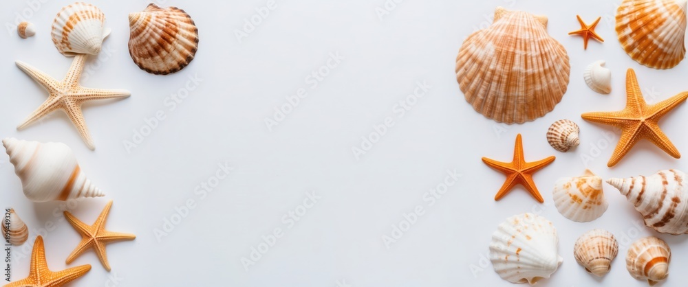 A serene arrangement of seashells and starfish, evoking a coastal atmosphere, perfect for beach themed decor and summer events A serene arrangement of seashells and starfish, evoking a coastal atmosphere, perfect for beach themed decor and summer events